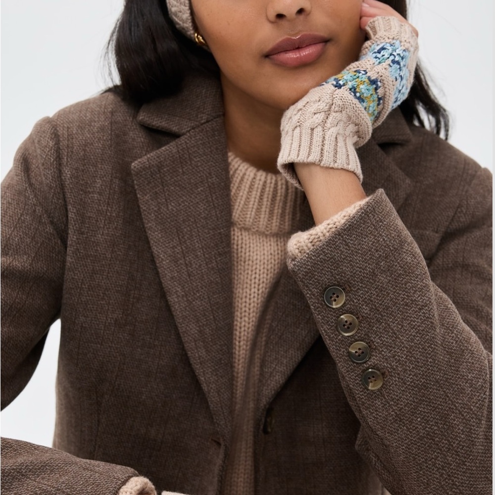 NWT Faherty Fair Isle Sherpa Knit Fingerless Gloves and Headband Oatmeal Heather